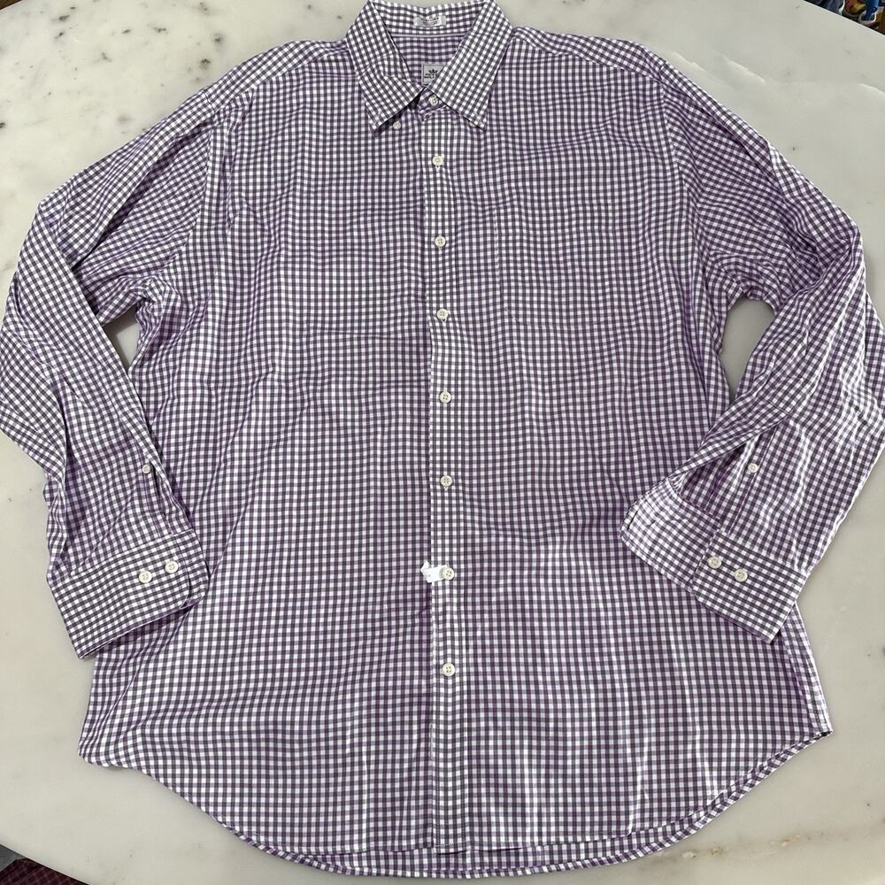 Peter Millar Dress Shirt Men’s XL Purple Gingham Nanoluxe Easycare 100% Cotton